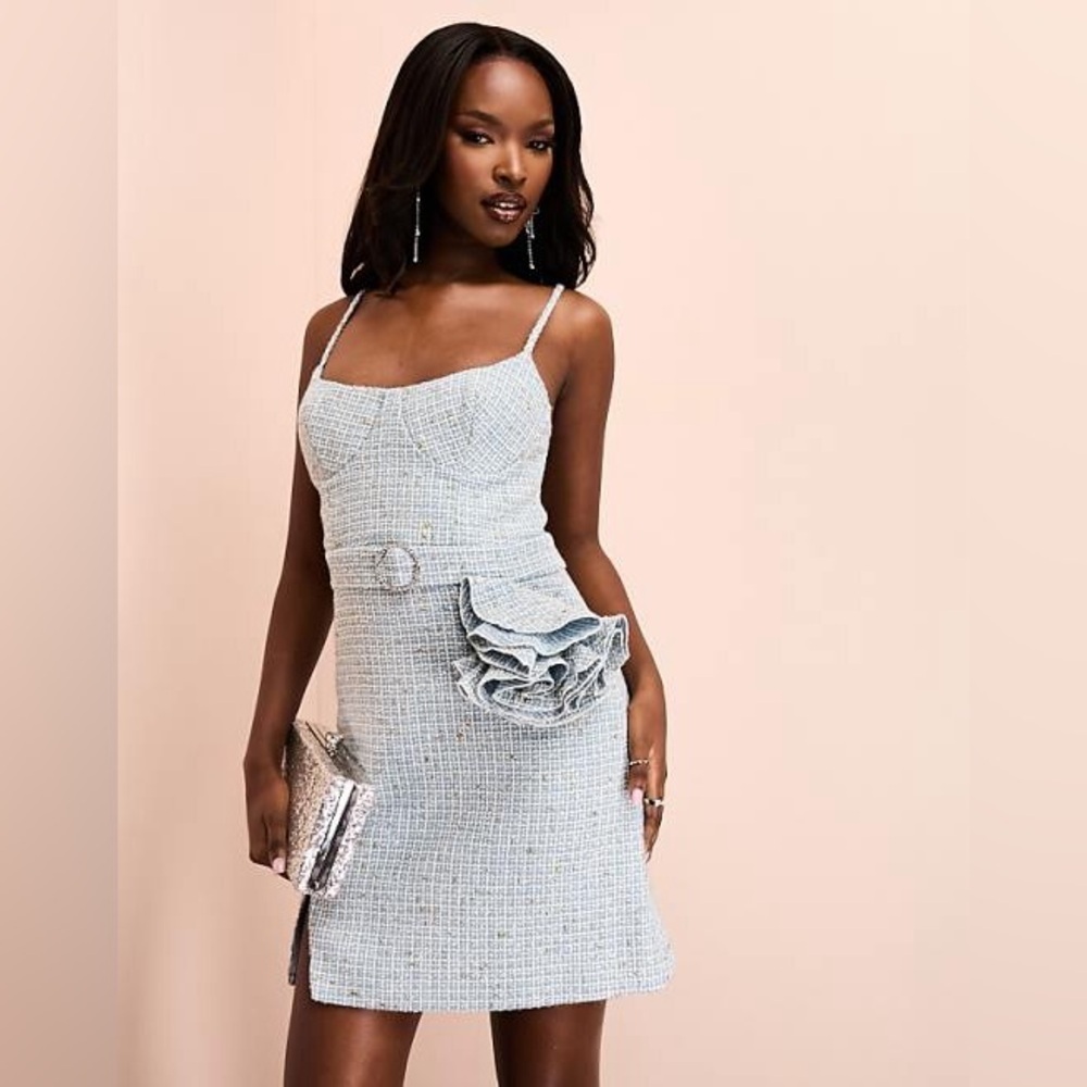 ASOS Luxe Boucle Mini Corsage Dress in Blue Tweed Size 10